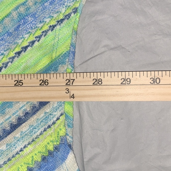 Tunic Top Patchwork Knit Blue Neon Green White Hankercheif Hem Elbow Sleeves - Picture 4 of 9